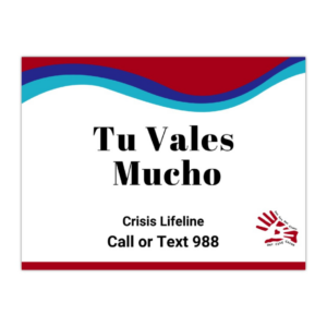 Picture shows the text "Tu Values Mucho" and the text, "Crisis Lifeline Call of Text 988" along with the suicide prevention colors and the our city cares logo.
